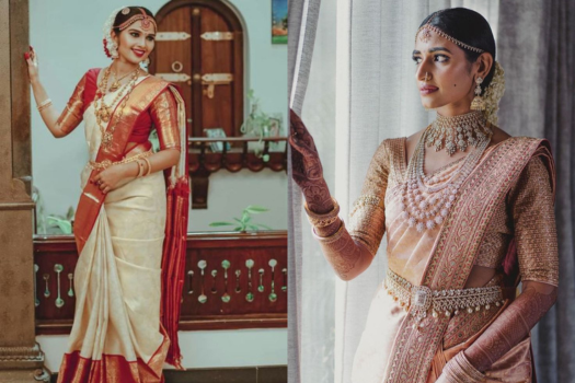 A beautiful model completing it bridal looks by wearing kalamandir royale bridal sarees